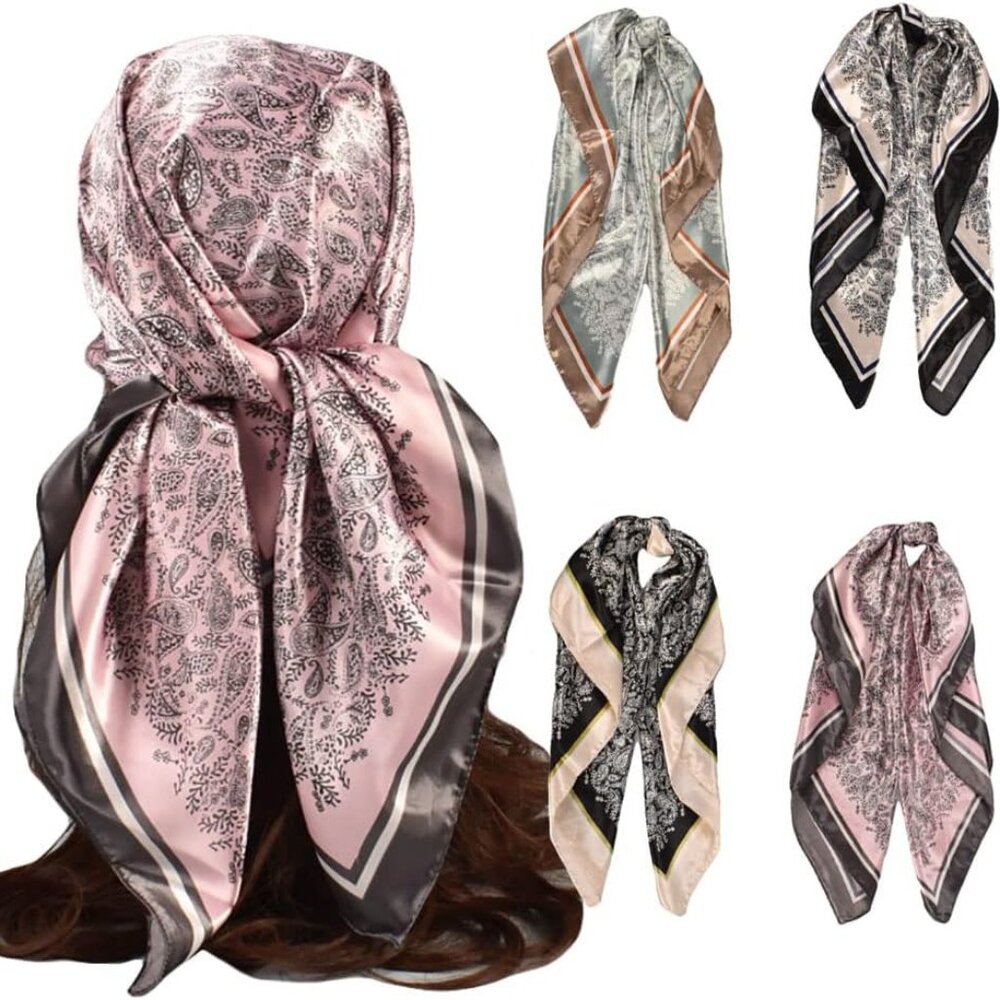4Pcs Silk Head Scarves for Women Satin Hair Scarf 35”Large Square Bandana Silk L
